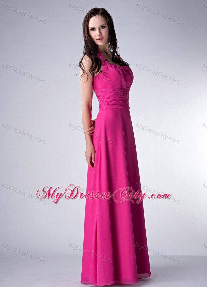 Long Hot Pink Empire Halter Ruched Waist Bridesmaid Dress