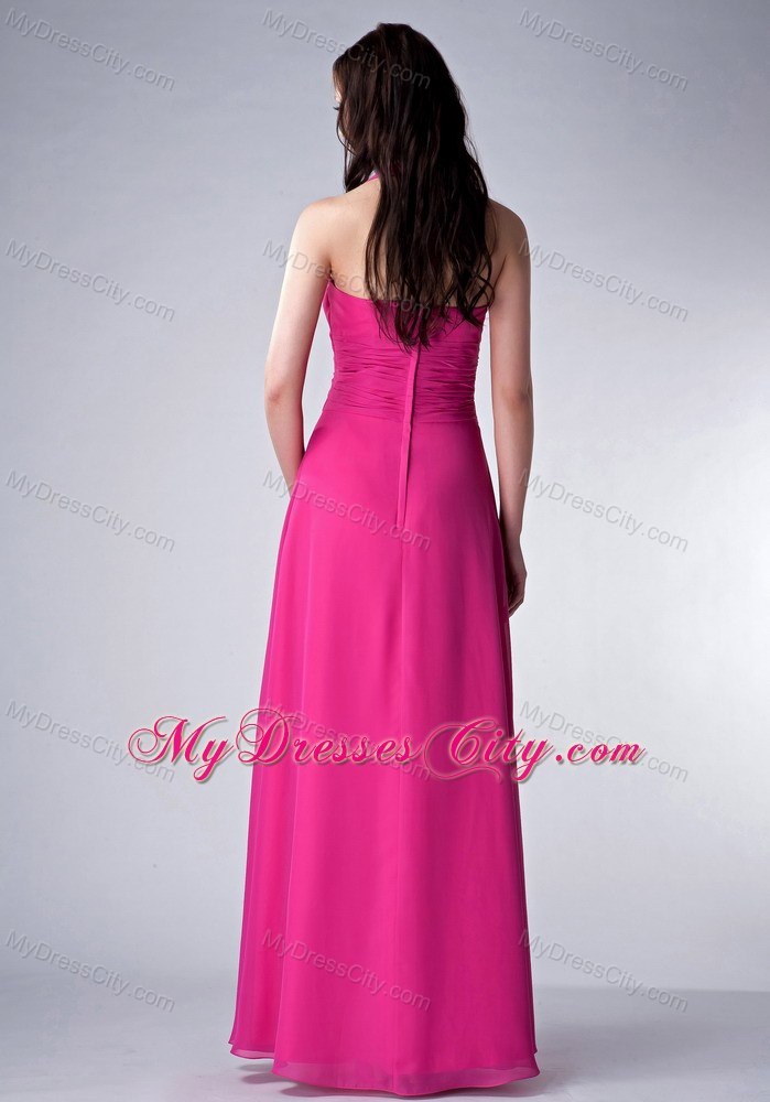 Long Hot Pink Empire Halter Ruched Waist Bridesmaid Dress