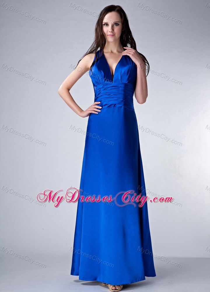 Royal Blue V-neck Bridesmaid Dress with Wide Ruched Belt