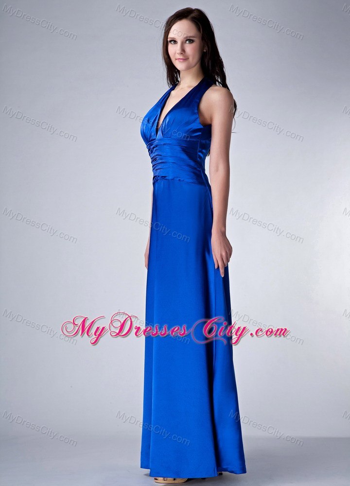 Royal Blue V-neck Bridesmaid Dress with Wide Ruched Belt