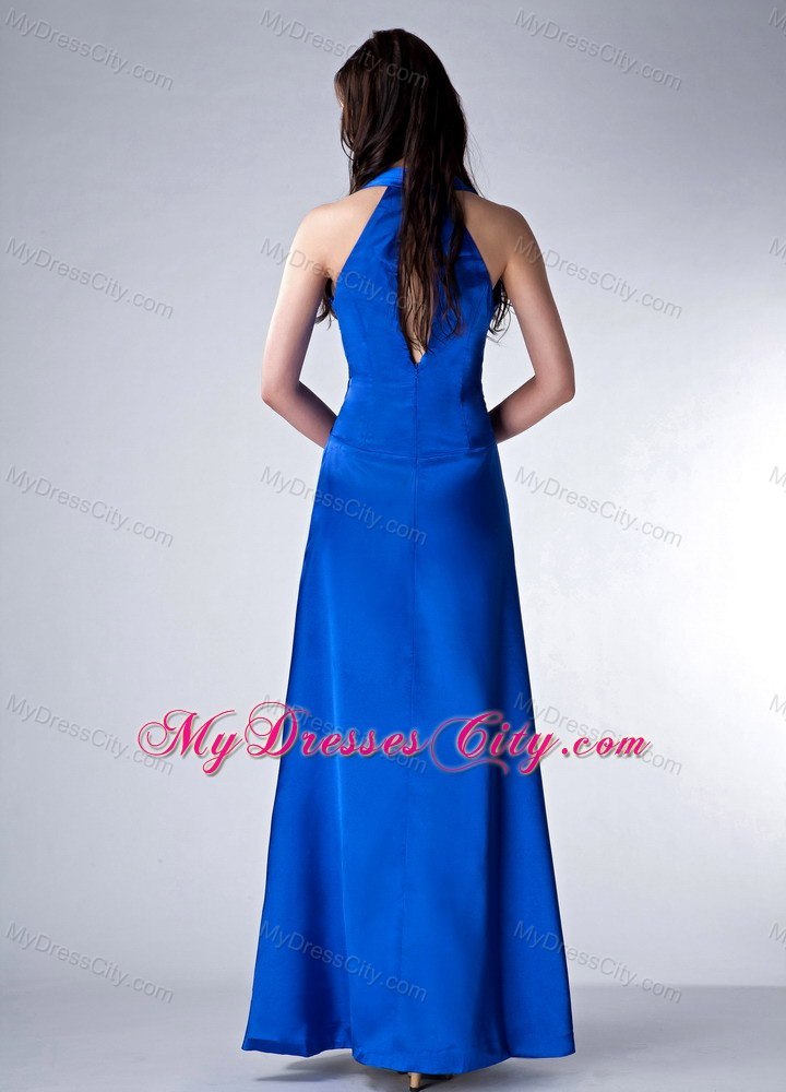 Royal Blue V-neck Bridesmaid Dress with Wide Ruched Belt