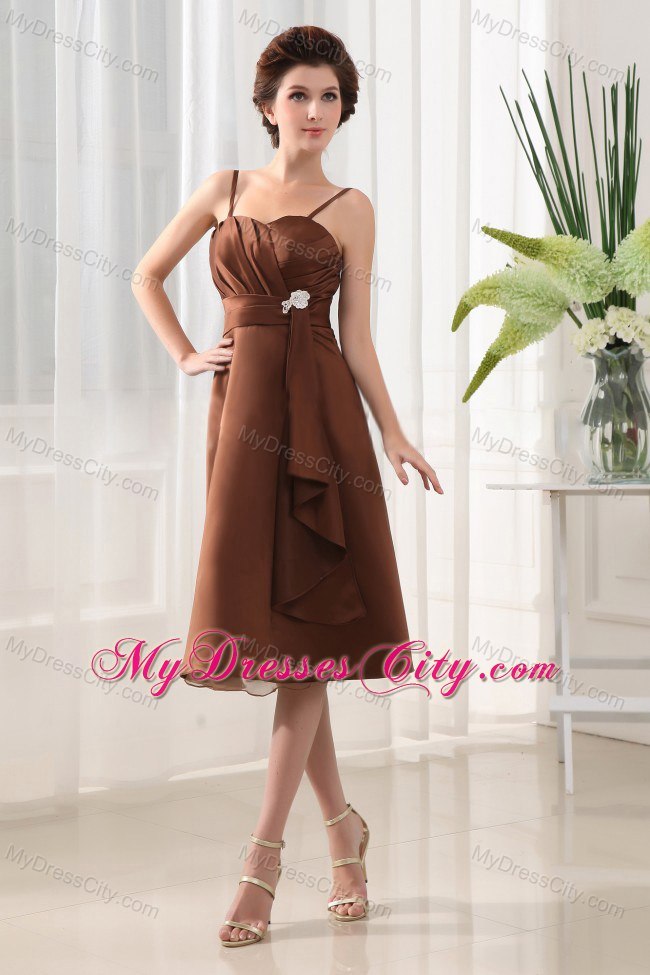 Spaghetti Straps Sweetheart Ruched Coffee Bridesmaid Dress