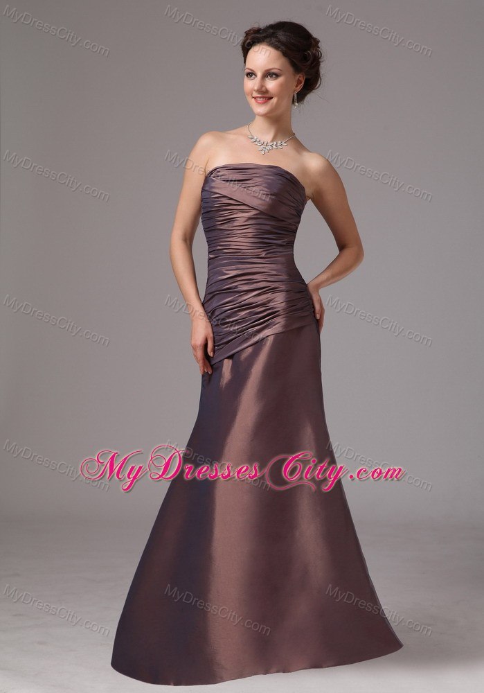 Brown Column Strapless Ruches Floor-length Bridesmaid Dress