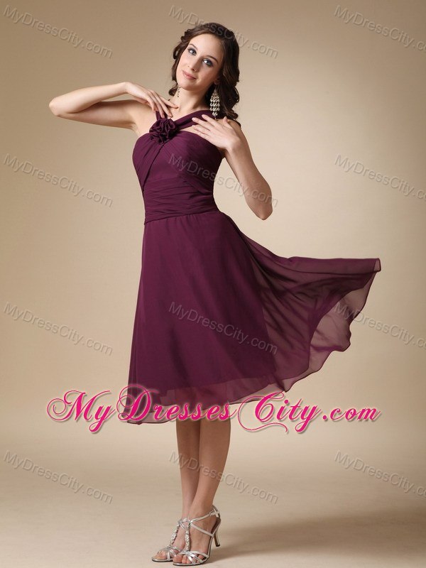 Straps Ruches Flowery Burgundy Knee-length Bridesmaid Dress