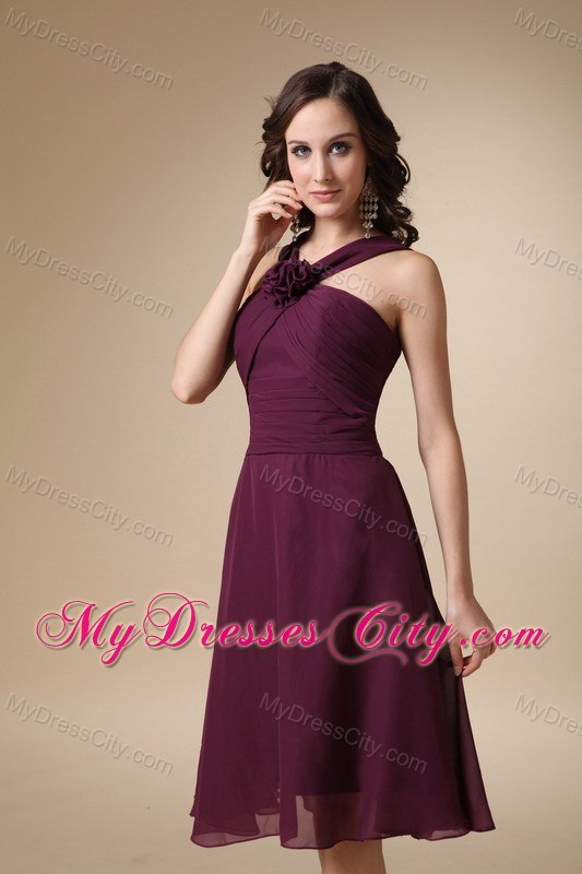 Straps Ruches Flowery Burgundy Knee-length Bridesmaid Dress