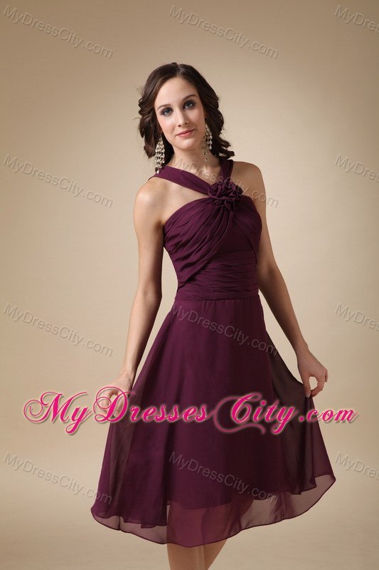 Straps Ruches Flowery Burgundy Knee-length Bridesmaid Dress