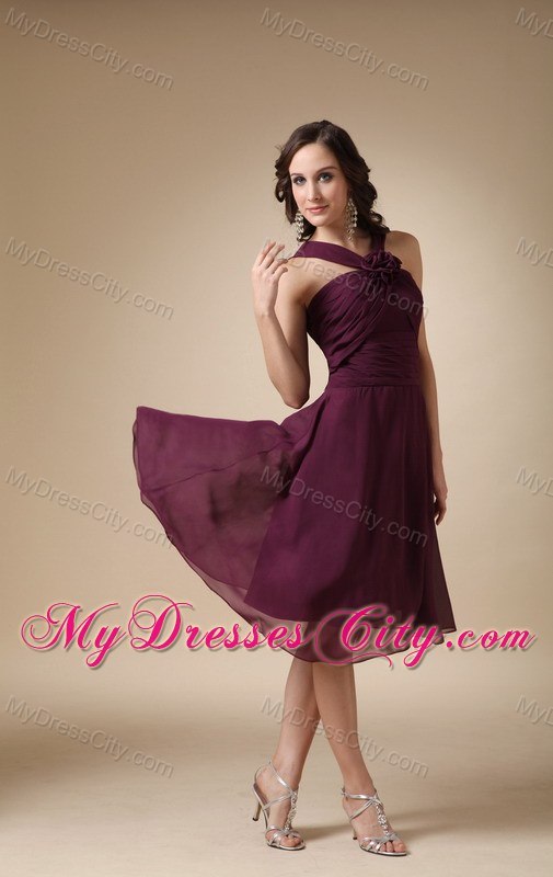 Straps Ruches Flowery Burgundy Knee-length Bridesmaid Dress