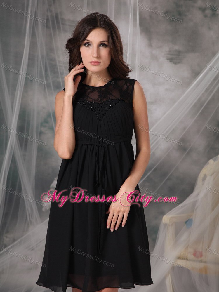 Black Empire Knee-length Lace and Chiffon Sash Bridesmaid Dress