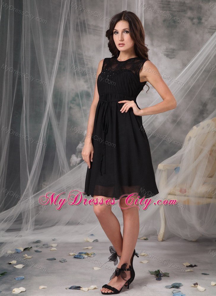 Black Empire Knee-length Lace and Chiffon Sash Bridesmaid Dress