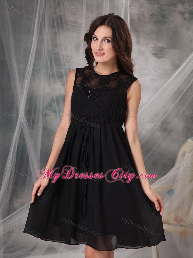 Black Empire Knee-length Lace and Chiffon Sash Bridesmaid Dress