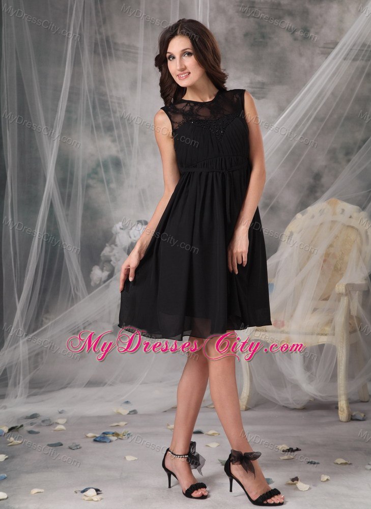 Black Empire Knee-length Lace and Chiffon Sash Bridesmaid Dress