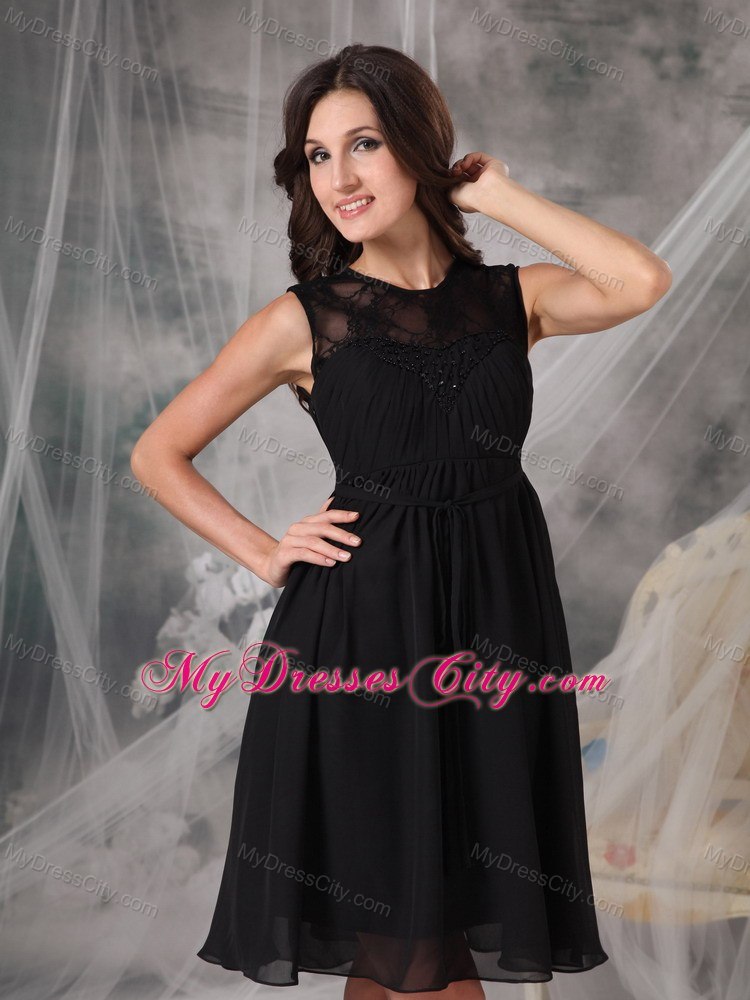 Black Empire Knee-length Lace and Chiffon Sash Bridesmaid Dress