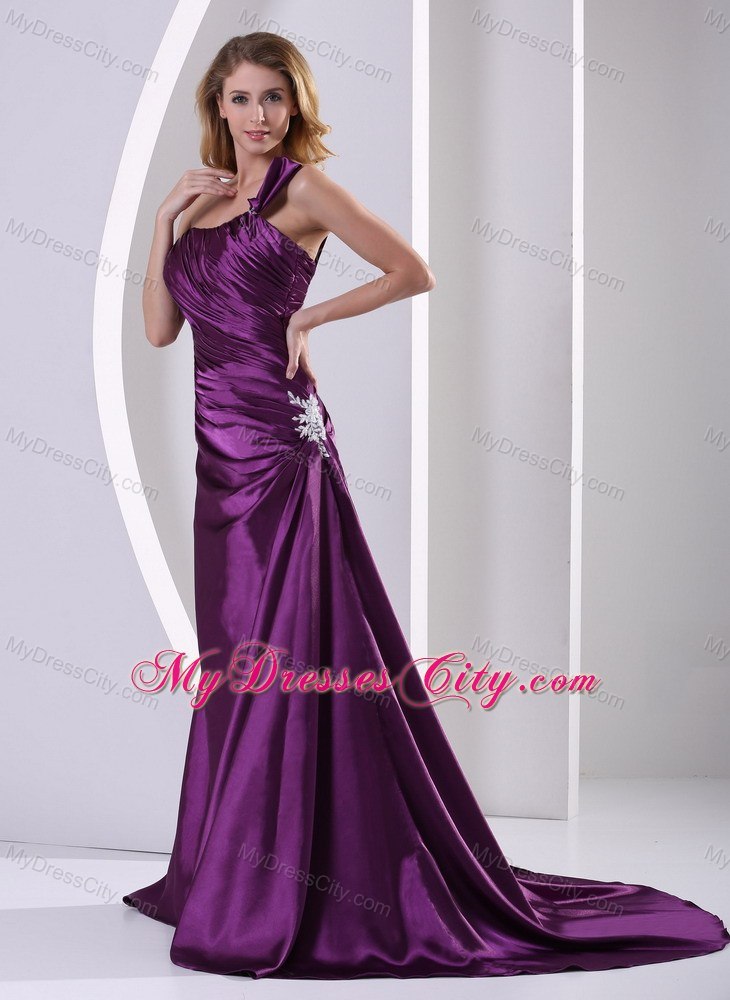 Eggplant A-line Ruches Appliques Asymmetrical Bridesmaid Dress