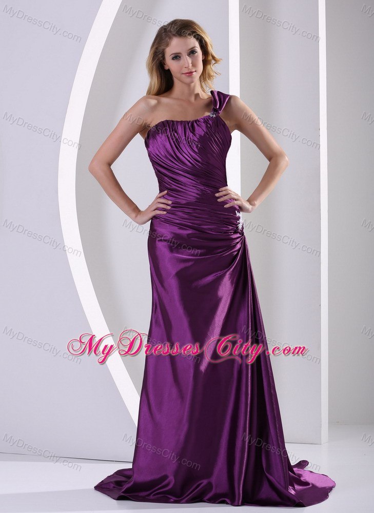 Eggplant A-line Ruches Appliques Asymmetrical Bridesmaid Dress