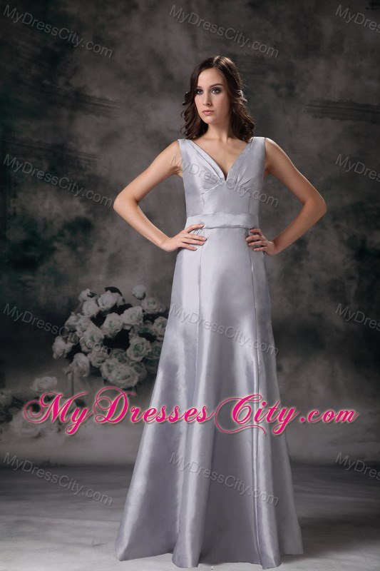 Long Gray Column V-neck Lace-up Back Bridesmaid Dress