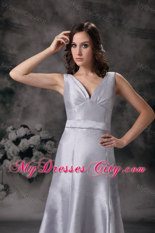 Long Gray Column V-neck Lace-up Back Bridesmaid Dress