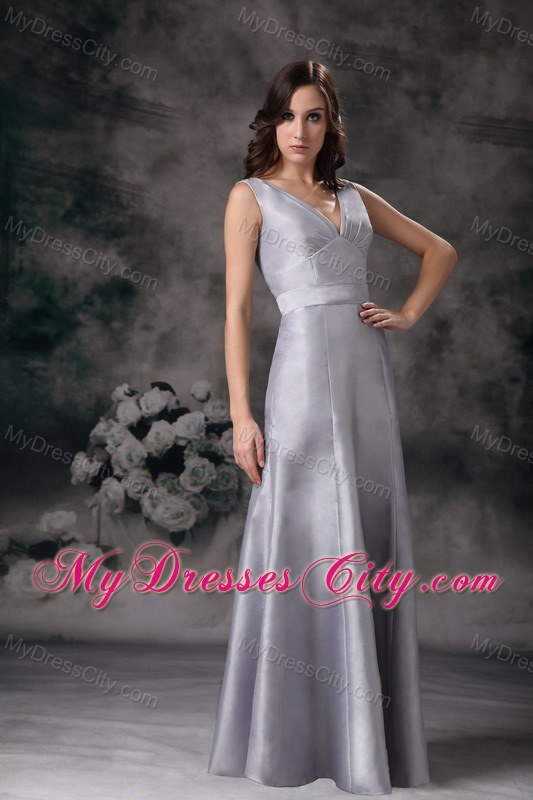 Long Gray Column V-neck Lace-up Back Bridesmaid Dress