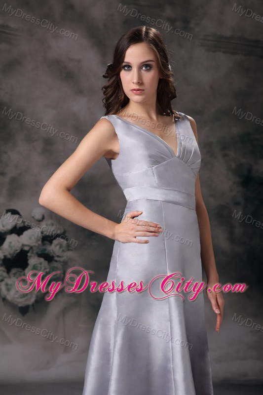 Long Gray Column V-neck Lace-up Back Bridesmaid Dress