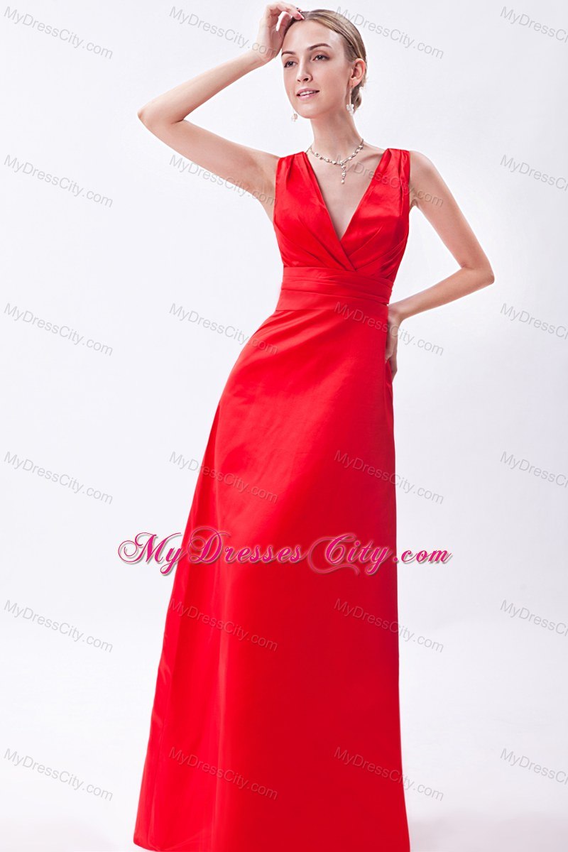 Low Cut V-neck Red Floor-length Sleeveless Bridesmaid Dress