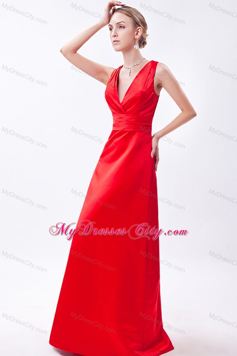 Low Cut V-neck Red Floor-length Sleeveless Bridesmaid Dress