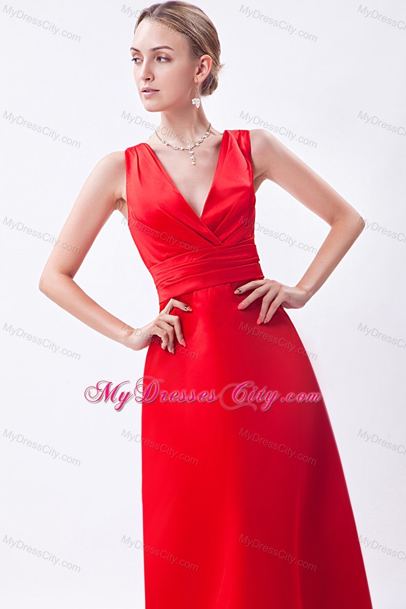 Low Cut V-neck Red Floor-length Sleeveless Bridesmaid Dress