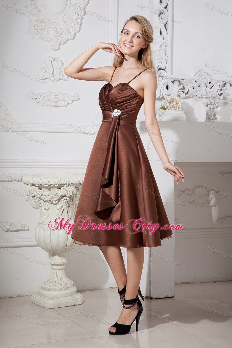 Ruched Sweetheart Tea-length Brown Dress for Bridesmaid