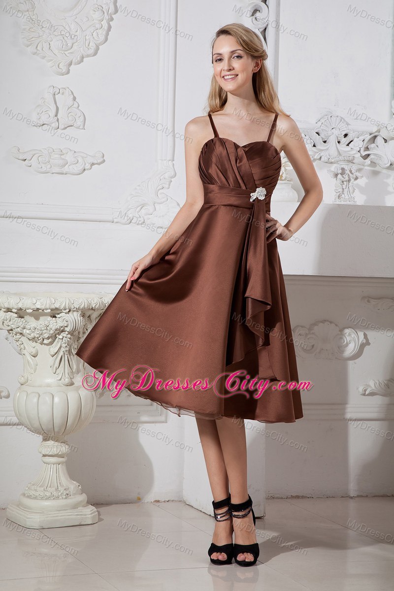 Ruched Sweetheart Tea-length Brown Dress for Bridesmaid