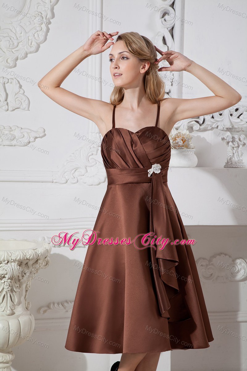 Ruched Sweetheart Tea-length Brown Dress for Bridesmaid