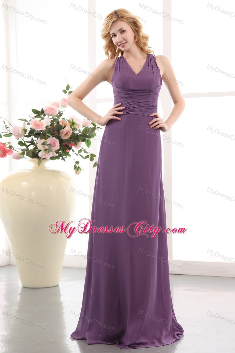 Noble Ruched Purple Empire V-neck Chiffon Bridesmaid Dress Floor-length