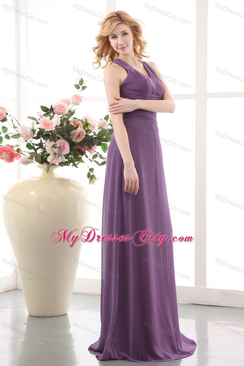 Noble Ruched Purple Empire V-neck Chiffon Bridesmaid Dress Floor-length