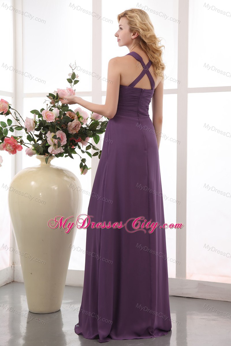 Noble Ruched Purple Empire V-neck Chiffon Bridesmaid Dress Floor-length