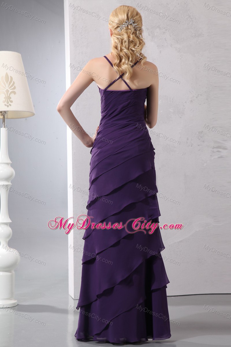 Unique Dark Purple Slinky Straps Bridesmaid Dress Floor-length with Ruffles