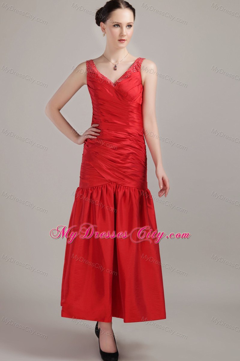 Discounted Red Column V-neck Tea-length Maternity Bridesmaid Dress 2013