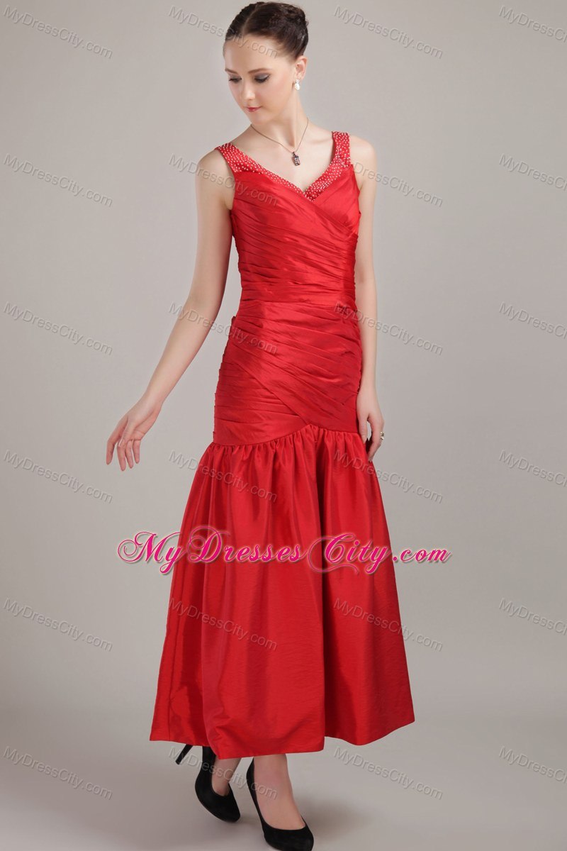 Discounted Red Column V-neck Tea-length Maternity Bridesmaid Dress 2013