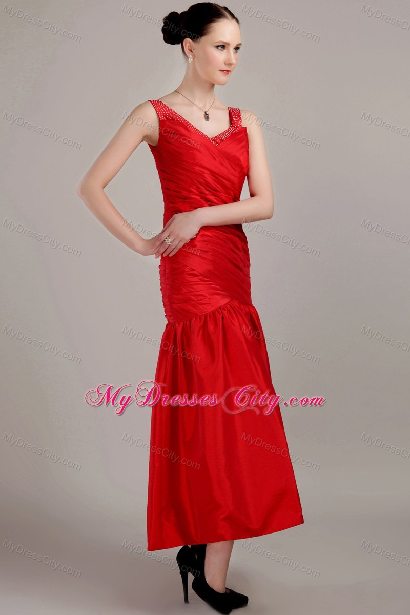 Discounted Red Column V-neck Tea-length Maternity Bridesmaid Dress 2013