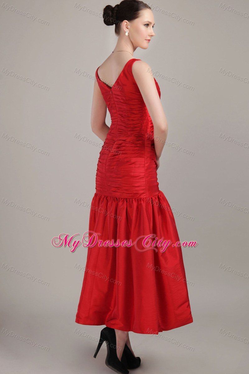 Discounted Red Column V-neck Tea-length Maternity Bridesmaid Dress 2013