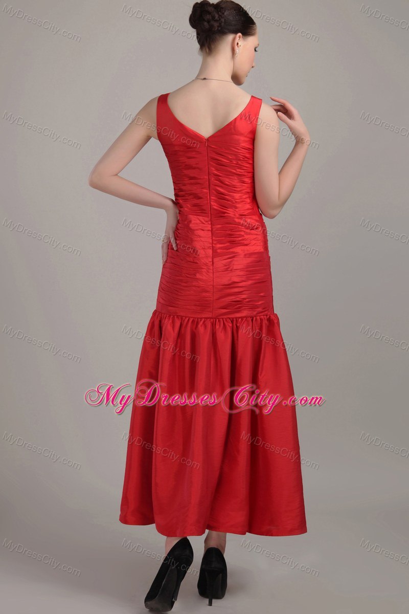 Discounted Red Column V-neck Tea-length Maternity Bridesmaid Dress 2013