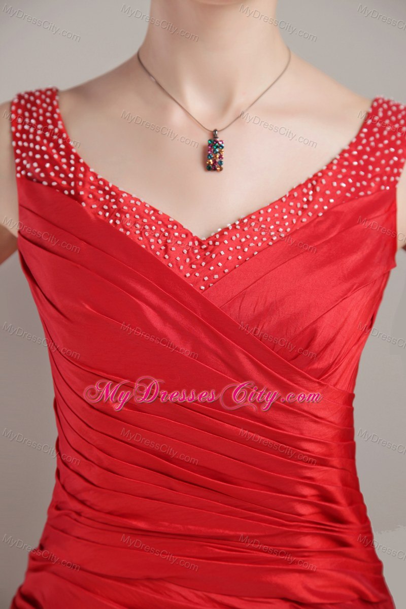 Discounted Red Column V-neck Tea-length Maternity Bridesmaid Dress 2013