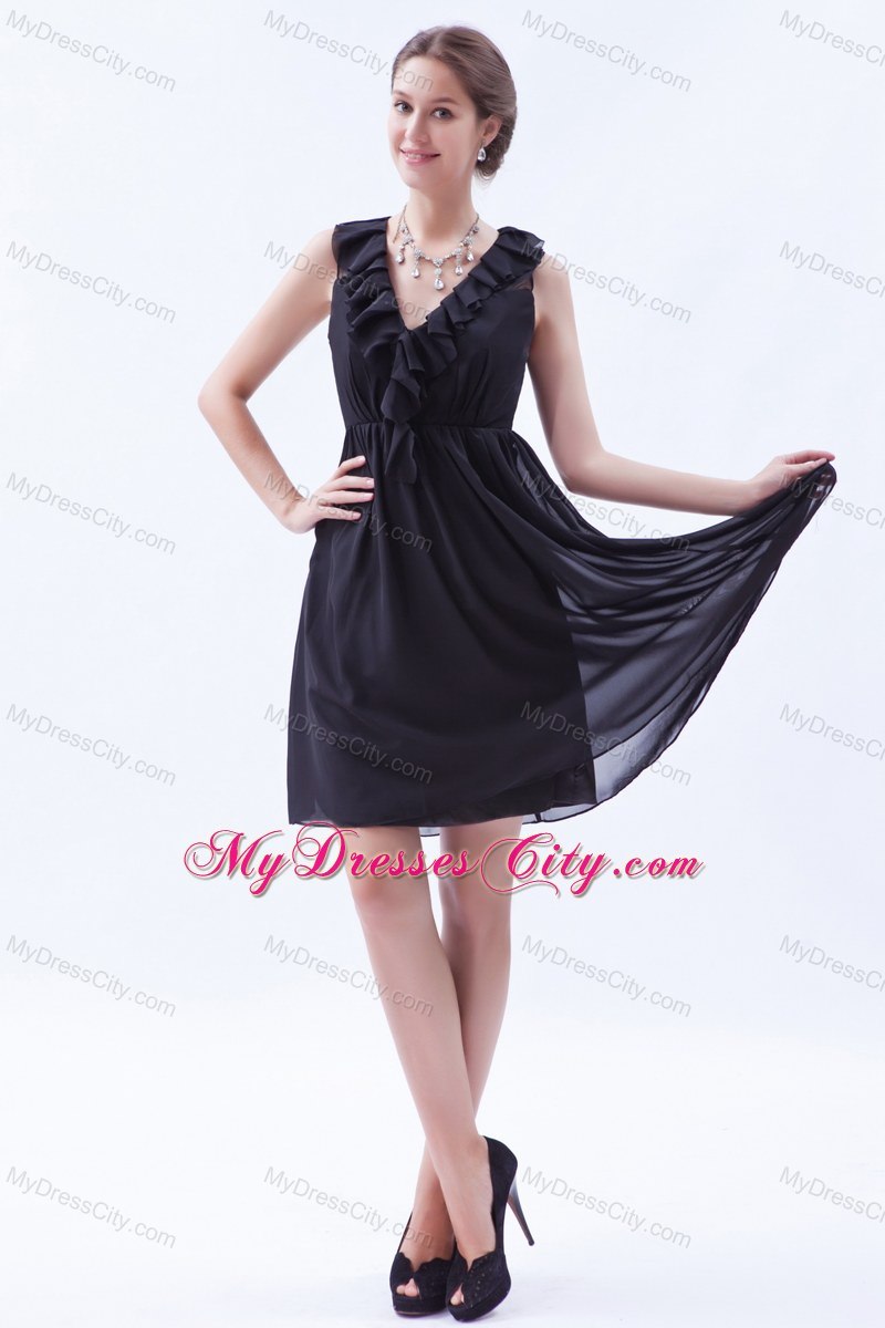 Dark Purple Ruching Empire V-neck Mini-length Chiffon Dresses For Bridesmaid