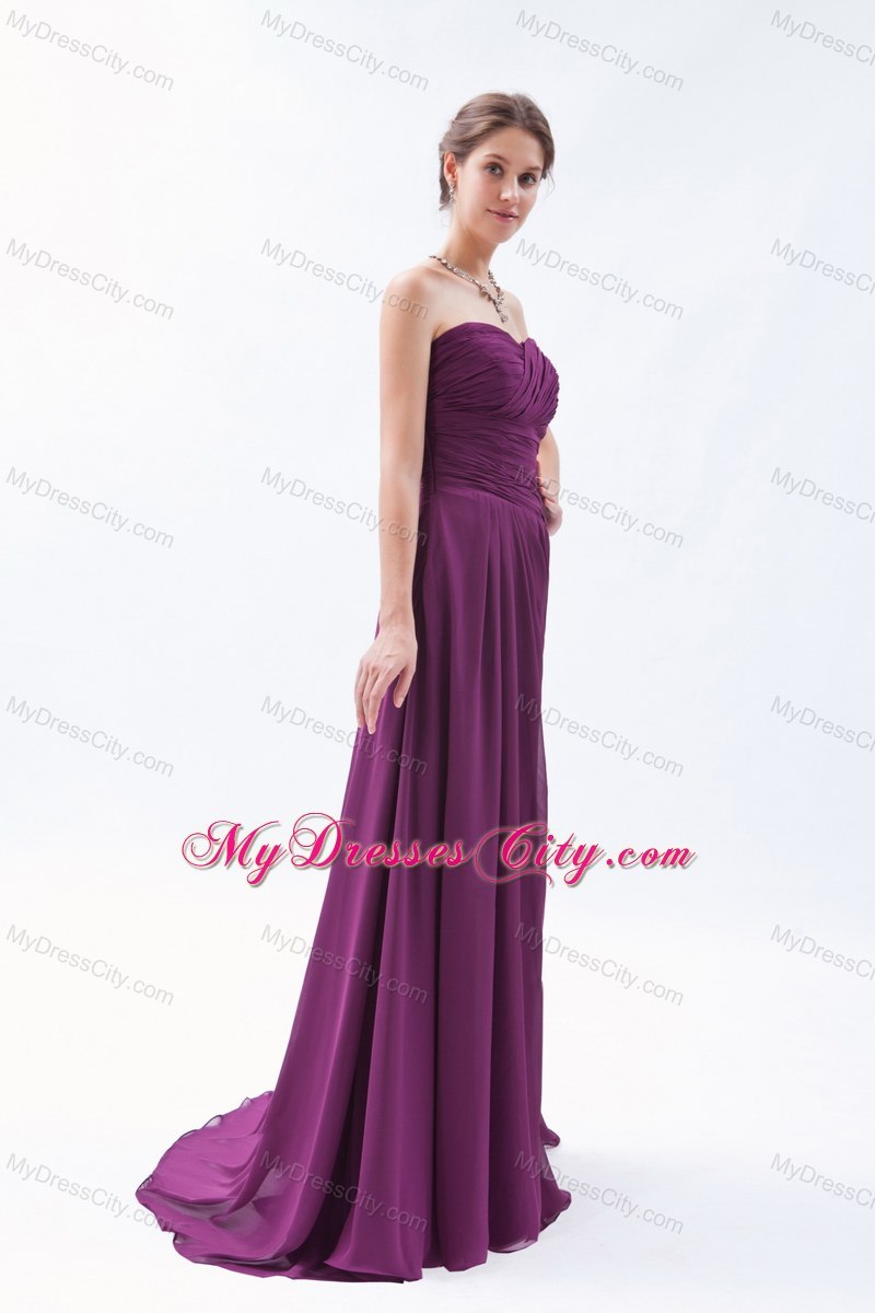 Top Dark Purple Sweetheart Ruched Chiffon Bridesmaid Dress with Brush Train