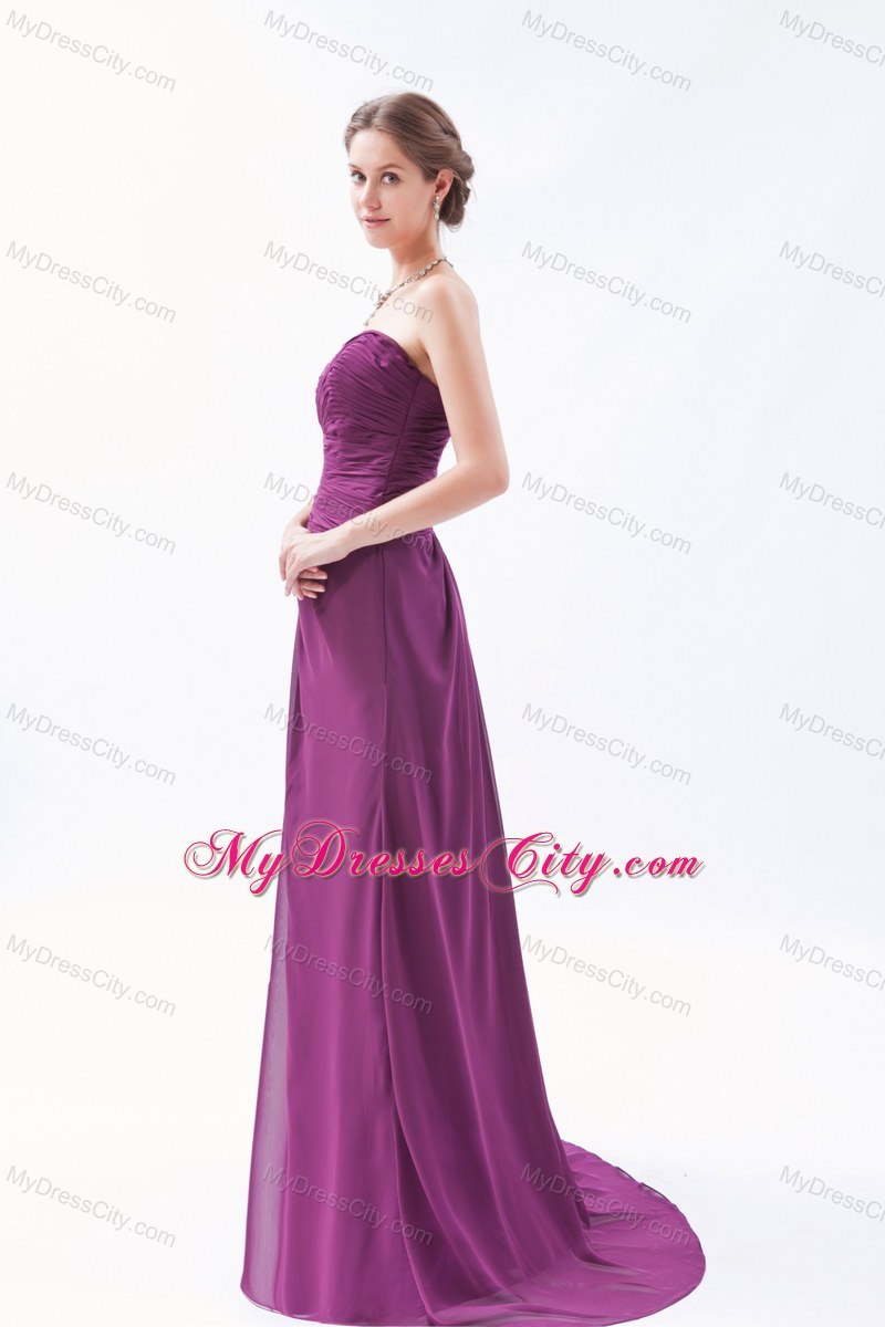 Top Dark Purple Sweetheart Ruched Chiffon Bridesmaid Dress with Brush Train