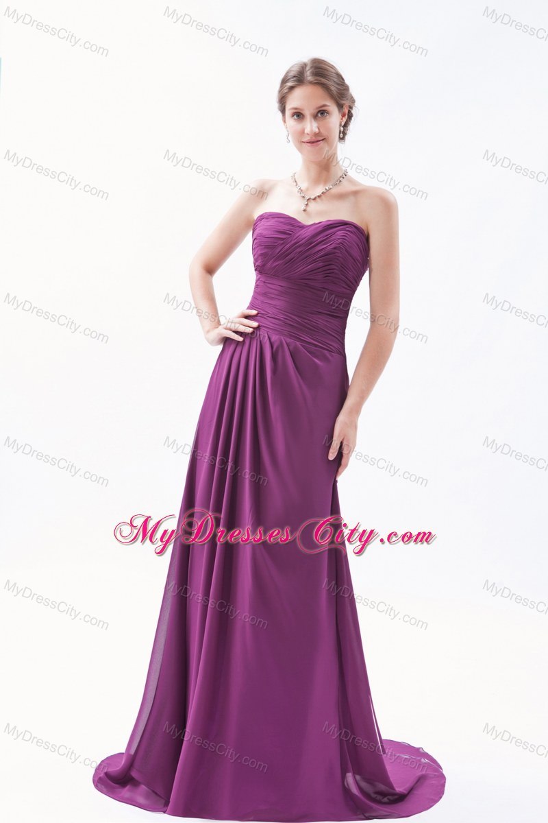 Top Dark Purple Sweetheart Ruched Chiffon Bridesmaid Dress with Brush Train