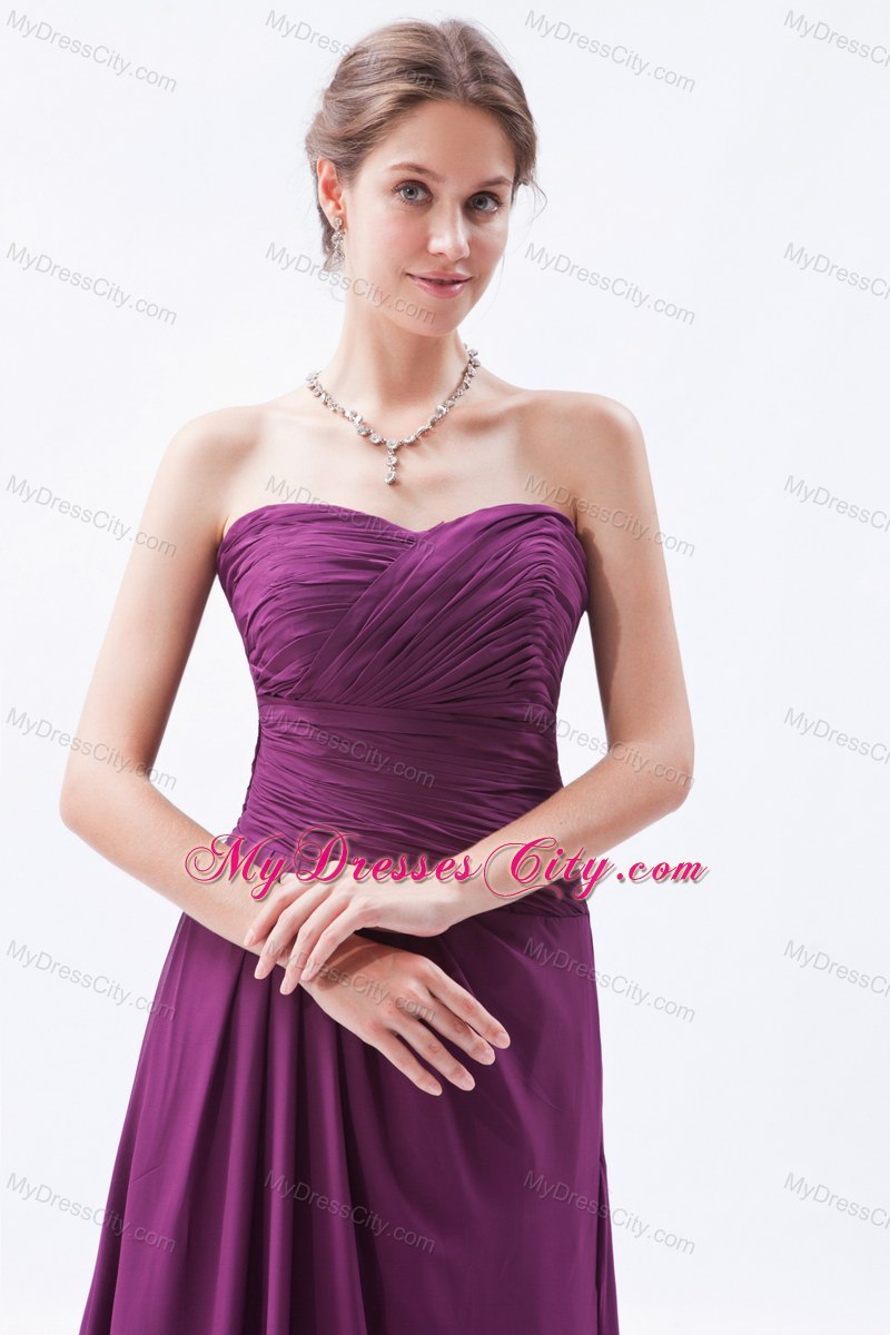 Top Dark Purple Sweetheart Ruched Chiffon Bridesmaid Dress with Brush Train