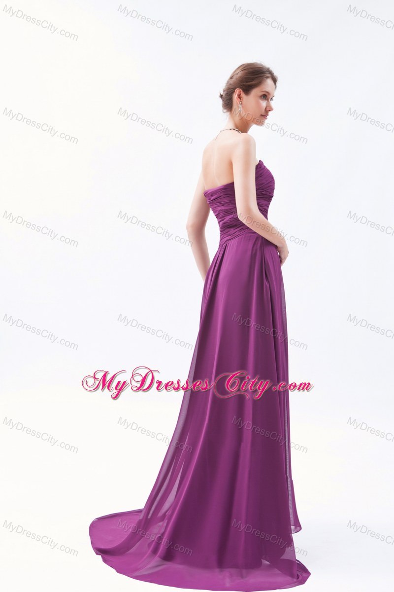 Top Dark Purple Sweetheart Ruched Chiffon Bridesmaid Dress with Brush Train