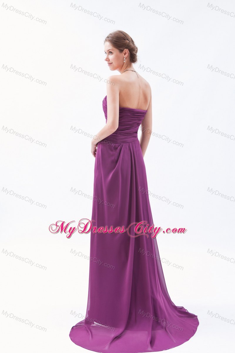 Top Dark Purple Sweetheart Ruched Chiffon Bridesmaid Dress with Brush Train