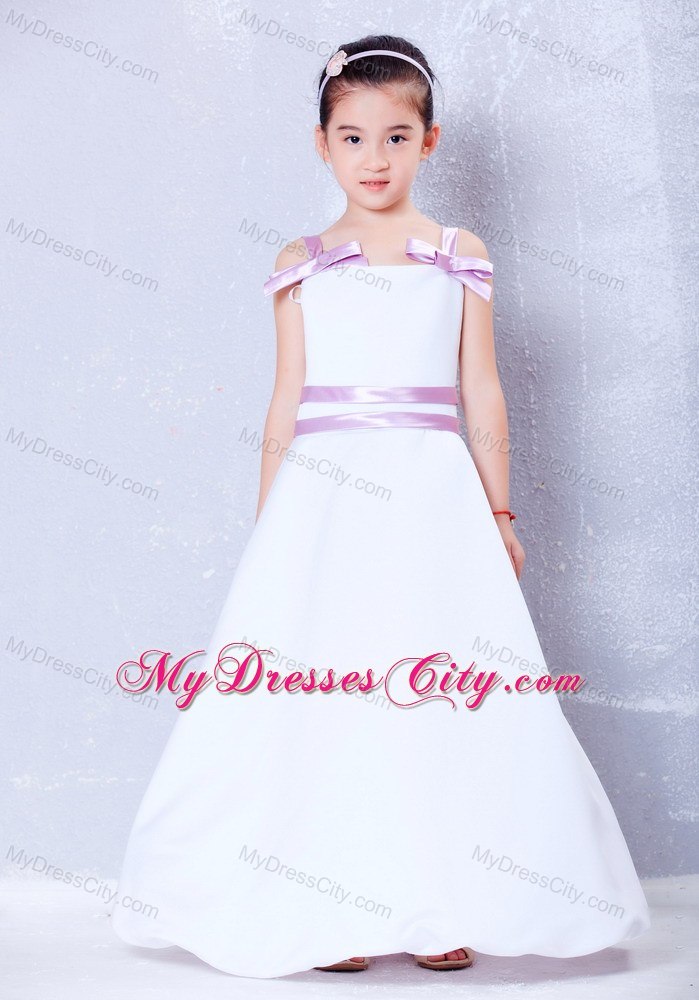 Bowknot Decorated for Straps Ankle-length Taffeta Flower Girl Dress