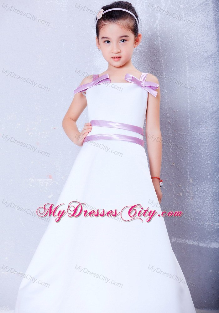 Bowknot Decorated for Straps Ankle-length Taffeta Flower Girl Dress