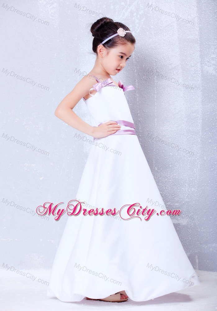 Bowknot Decorated for Straps Ankle-length Taffeta Flower Girl Dress