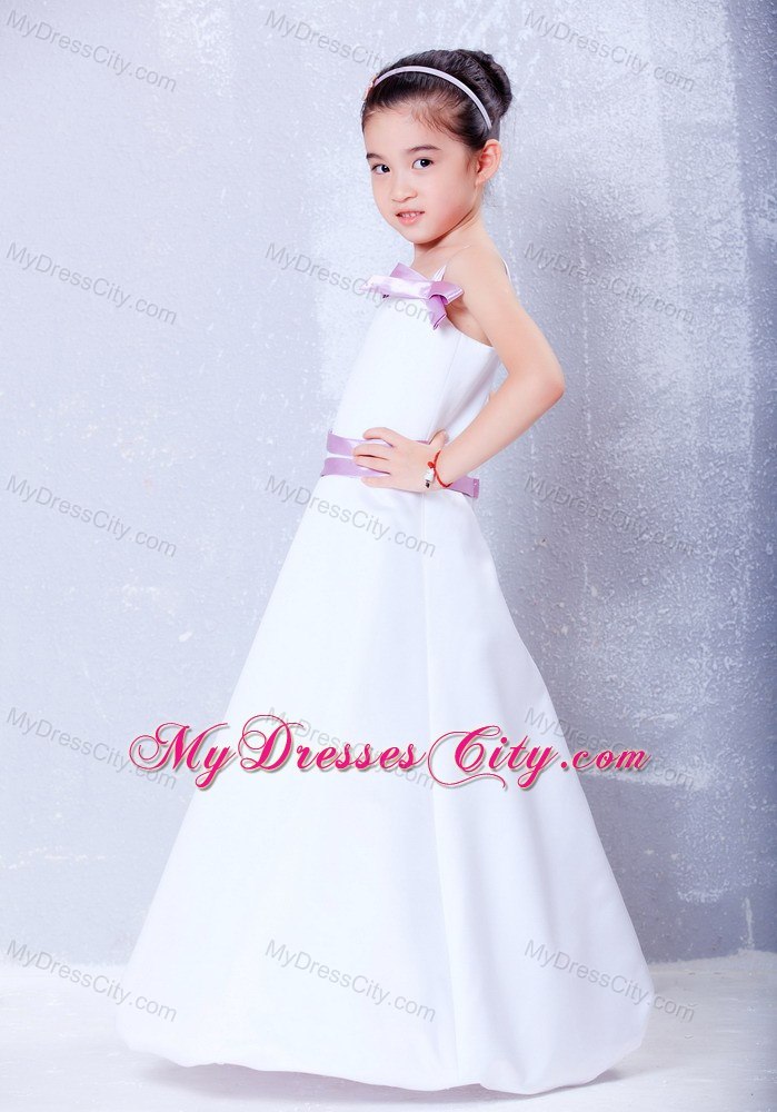 Bowknot Decorated for Straps Ankle-length Taffeta Flower Girl Dress