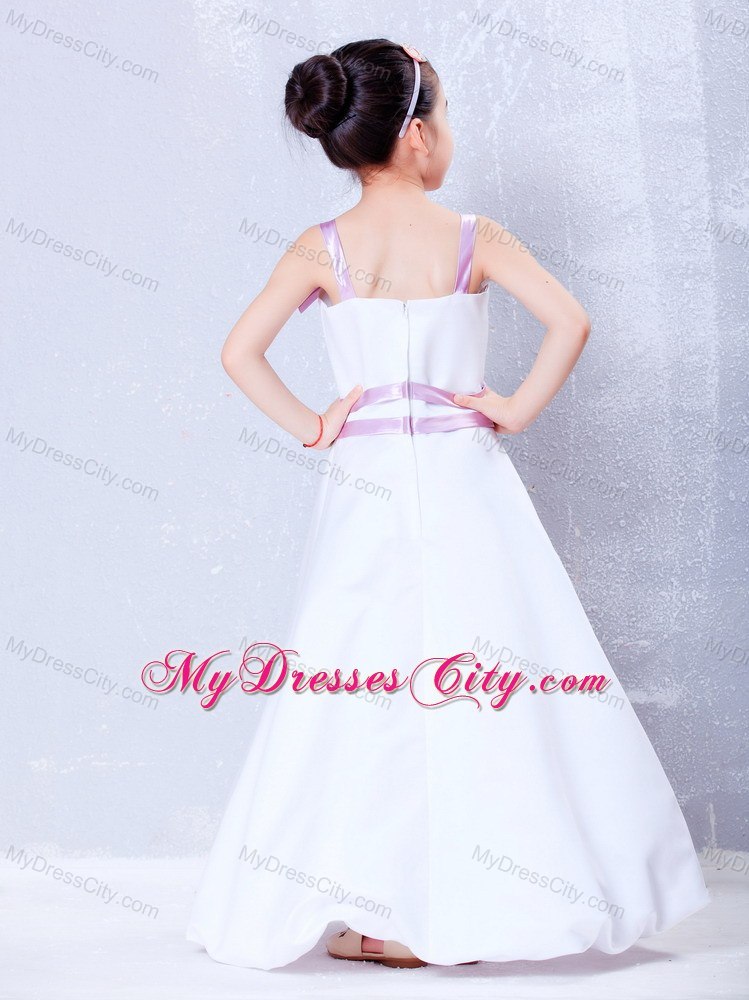 Bowknot Decorated for Straps Ankle-length Taffeta Flower Girl Dress